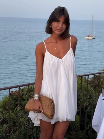 Olive - Pleated V-neck Mini Beach Dress