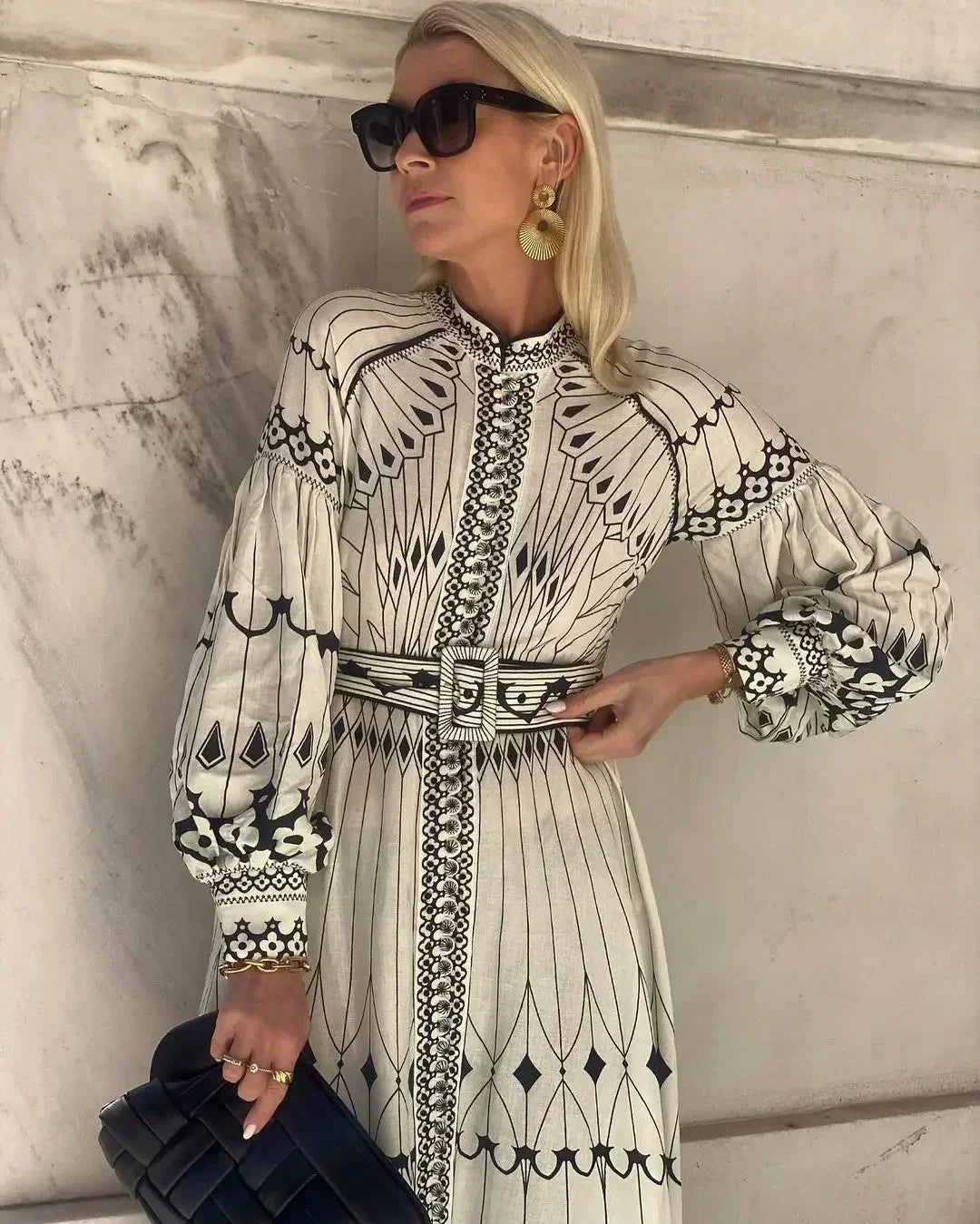 Mirabel - Elegant Retro Pattern Print A-Line Dress